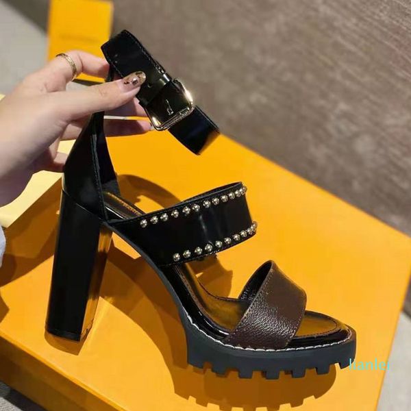 

women leather sandals star trail designer lady ankle strap studs buckle letter printed chunky heel treaded rubber outsole s256r, Black