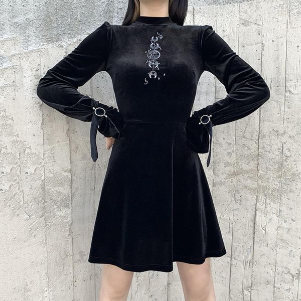 

casual dresses women velvet gothic vintage dress winter embroidery autumn fashion elegant ladies goth black long sleeve a line short, Black;gray