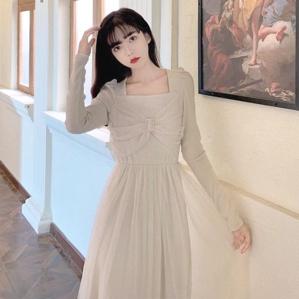 

casual dresses sannian spring mesh women clothes autumn and winter mid-length temperament waist square collar long-sleeved inner dress, Black;gray