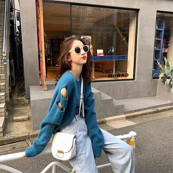 

off-the-shoulder knitted sweater women's autumn and winter wear loose wild lazy long-sleeved pullover long sleeve 210427, White;black