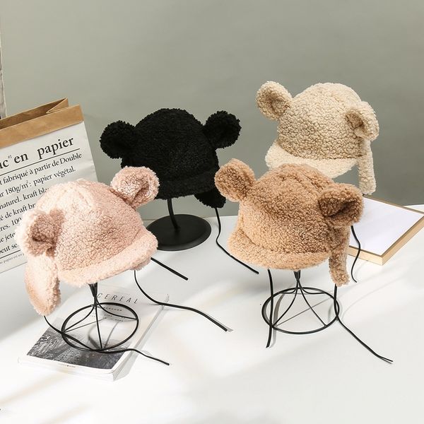 

cap female autumn winter designer hip hop cashmere cat ear protection lei feng male lovely flat brim flying hat, Blue;gray