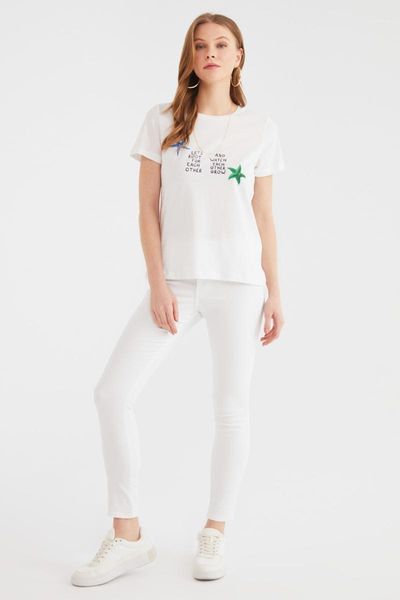 

women's t-shirt trendyol printed basic knitted twoss21ts3199, White