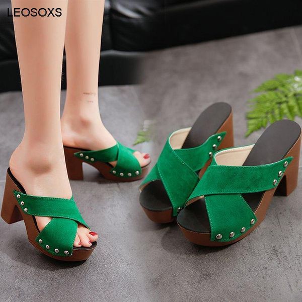

slippers women's 2021 summer fashion solid color rivet cross thick heel high-heeled, Black