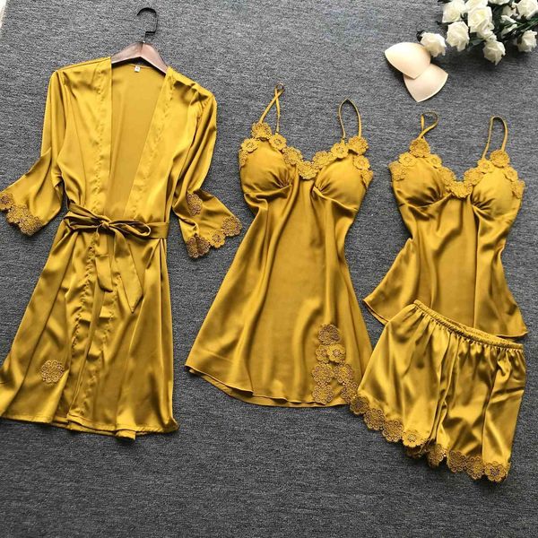 

women's sleepwear 4 pcs women satin pajamas embroidery with chest pad belt cardigan pyjama 3qvo, Black;red