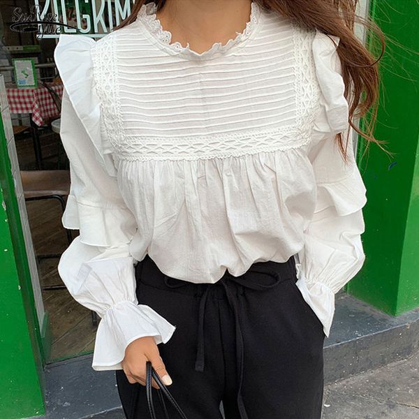 

blusas loose clothing cotton vintage elegant women shirt korean style solid long lantern sleeve blouse 10558 210521, White