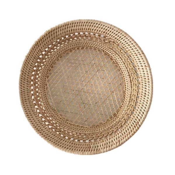 

storage baskets hand-woven round fruit basket rattan dessert organizer plate bread serving handcrafted tray platter retro props