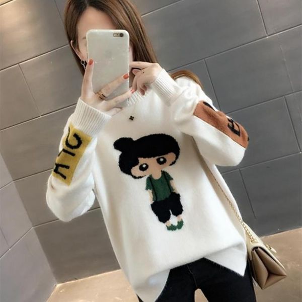 

women's sweaters 2021 autumn winter women o-neck cartoon girl pattern sweater fashion loose knitted pullovers female, White;black