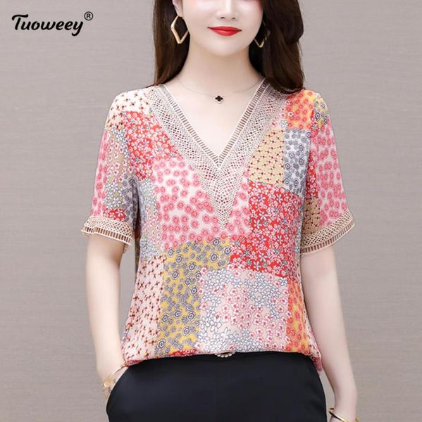 

women's blouses & shirts 2021 fashion women plus size print chiffon blouse shirt v collar office short sleeve summer, White
