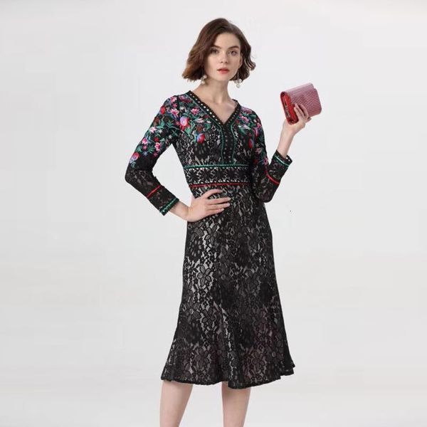 

dress lace spring party mermaid dresses women v-neck allover hollow out embroidery mid-calf dress oversize, Black;gray