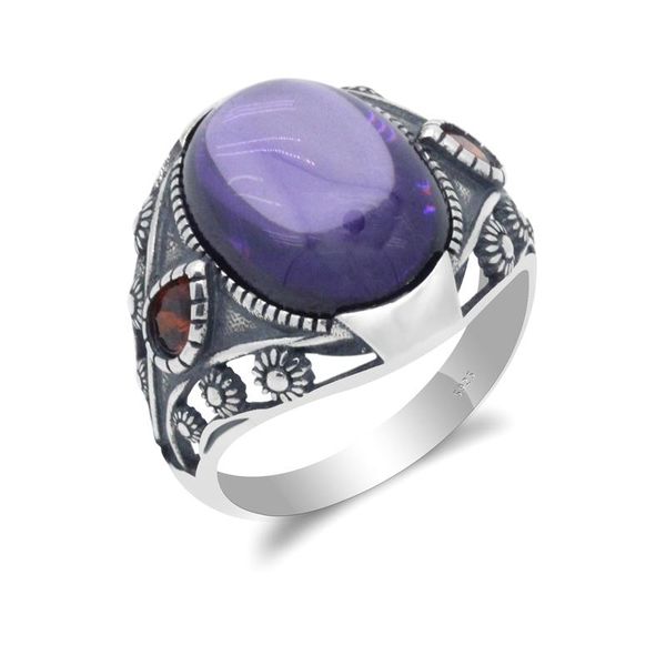 

cluster rings s925 sterling silver purple agate stone women ring with red cz elegant vintage onyx finger for men female fine jewelry, Golden;silver