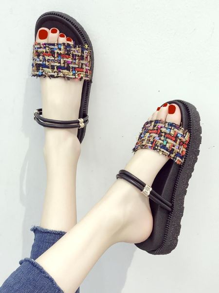 

slippers women summer outdoor flat beach slides flip flops fashion sandals double use ins slip on, Black