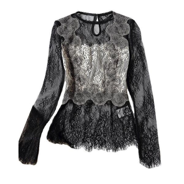 

women's blouses & shirts black lace blouse women summer 2021 round neck long sleeves perspective patchwork pullover slim female s-xl, White
