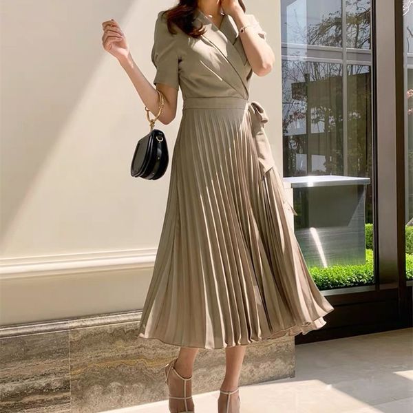 

office ladies elegant chiffon pleated women short sleeve notched midi long high waist female lace-up bow dress 210416, Black;gray
