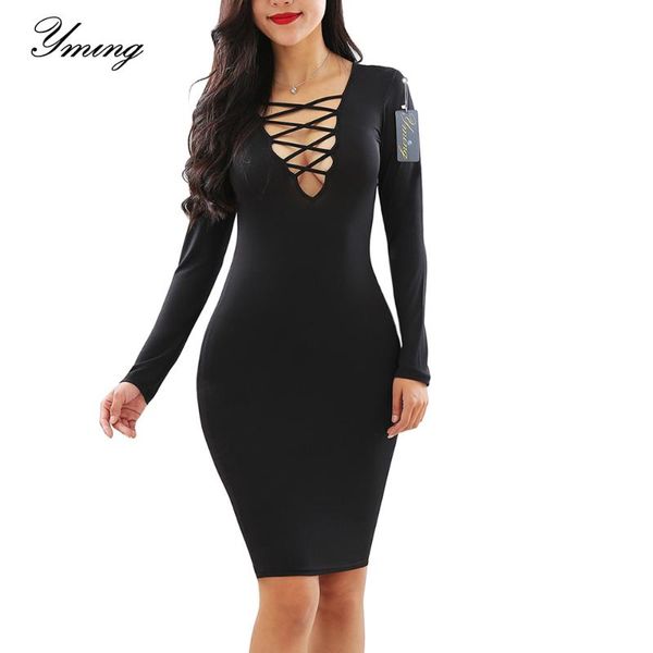 

yming women dress long sleeve vestidos club criss cross neck bandage bodycon dresses party thin midi female casual, Black;gray