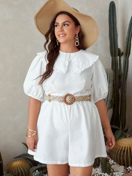 

plus peter-pan collar puff sleeve romper without belt 080i#, Black