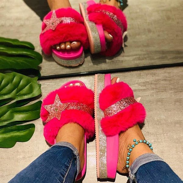 

autumn/winter 2021 high-heel flat-bottom rhinestone fur soft and comfortable home durable non-slip casual women sandals slippers, Black
