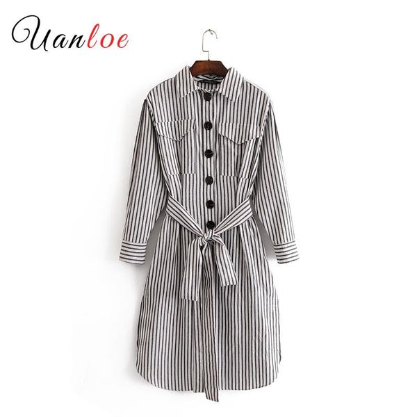 

casual dresses women basic striped dress pockets bow tie sashes long sleeve side split female office wear vestidos, Black;gray