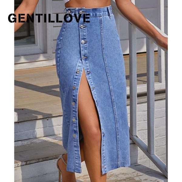 

skirts gentillove split elegant women button irregular high waist denim skirt korean style skinny summer casual long, Black