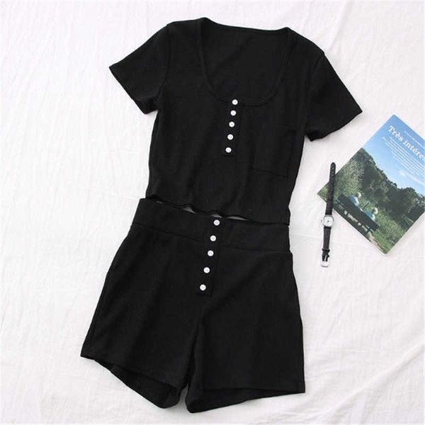 

slim tracksuit summer solid two piece womens fashion o-neck short sleeves +elastic waist mini shorts casual patchwork set 210601, White