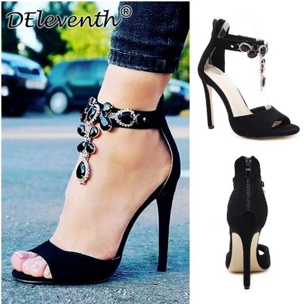 

sandals black crystal women embellished suede leather high heel peep toe ankle strap rhinestones gladiator shoes