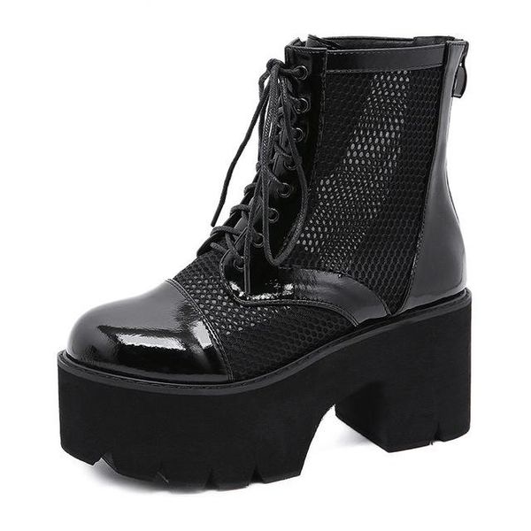 

fashion ladies gothic shoes women platform boots high heels lace up blace mesh breathable leather ankle chunky, Black