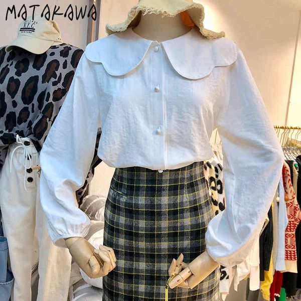 

matakawa solid lapel sweet peter pan collar women blouses single breasted long sleeve blusas female loose college style shirt 210513, White