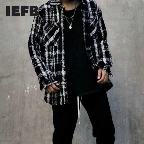 IEFB / Vintage uomo cltohing camicia di lana stampata a righe bianche nere per uomo famale Top larghi oversize 9Y2822 210721