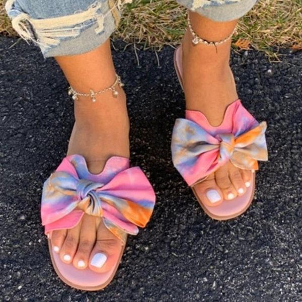 

summer ladies sandals women 2021 flat bottom printed bow slippers drop, Black