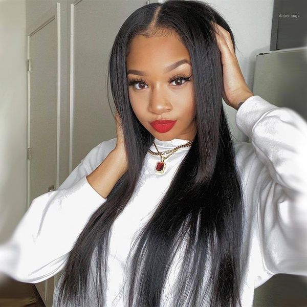 

middle part 24inch silky straight natural hairline remy black 13x4 lace front wig with baby hair human for women daily wigs1, Black;brown