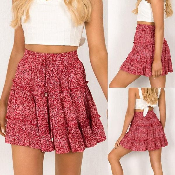

skirts summer beach women bohemian flower print ruffled high waist a line mini skirt, Black