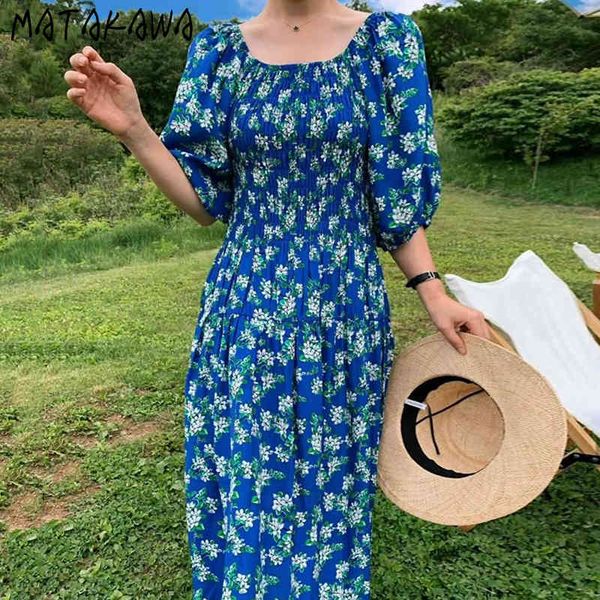 

matakawa floral dress female korean puff sleeve robe femme summer fashion vintage vestido round neck folds waist long dresses 210513, Black;gray