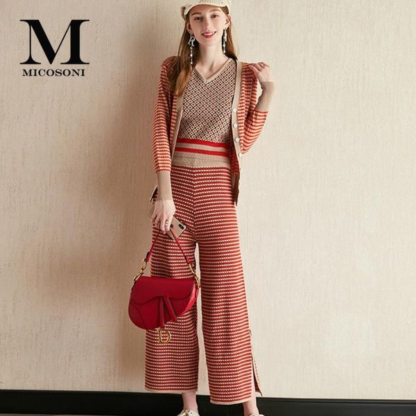 

two piece dress micosoni fashion knit cardigan vest high waist wide leg pants side slit three set women's clothing 2021 spring autumn s, White