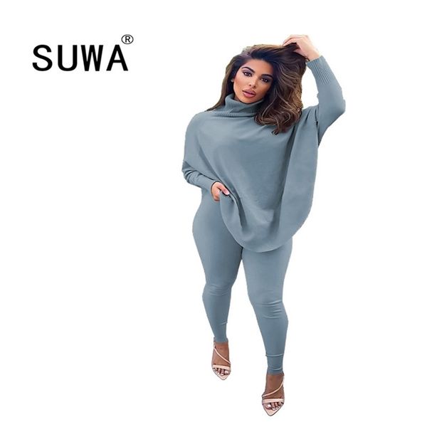 

autumn winter women's tracksuit solid color turtleneck sweater and elastic trousers suits knitted two piece set wholesale 210525, White