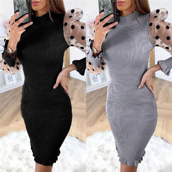 

women's polka dot long puff sleeve knit sweater bodycon evening party mini dress ladies prom gown casual dresses, Black;gray