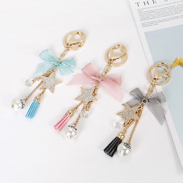 

keychains creative key ring handmade pearl five-pointed star bow tassel pendant girl bag chain, Silver