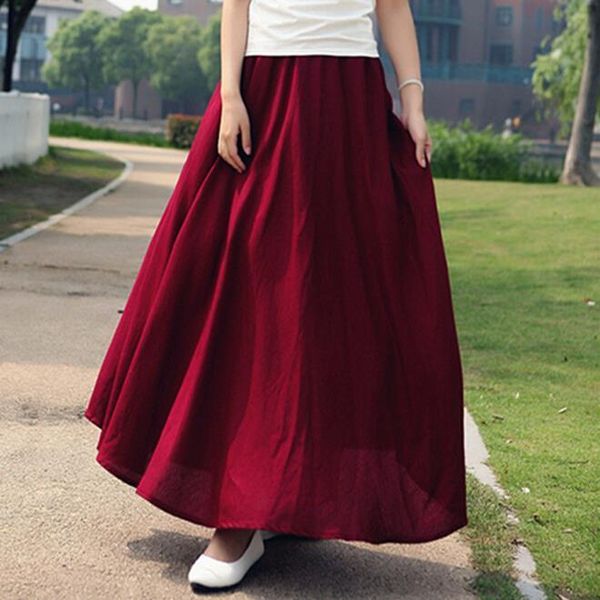 

100% cotton 10 solid color womens skirts long bohemian casual elastic waist linen circle big pendulum a line skirt, Black