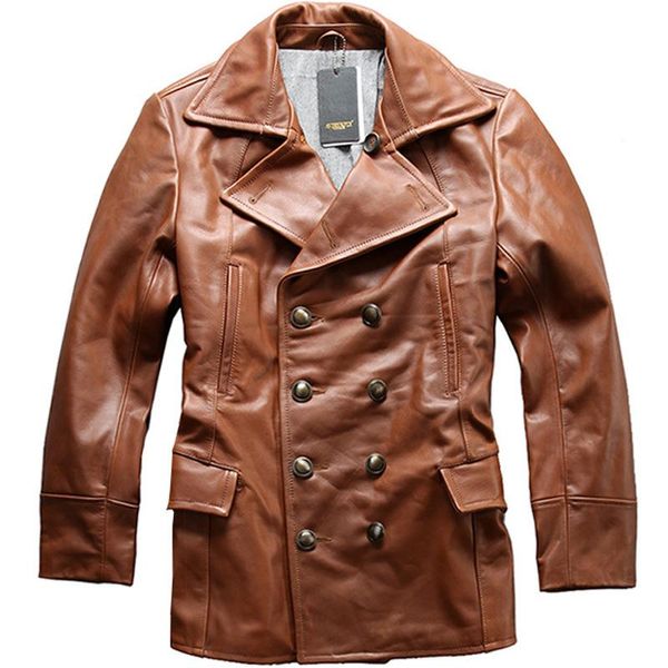 

men's leather & faux seveyfan genuine trench coat black real cowhide long jacket for male r3068