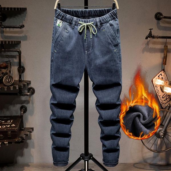 

men's jeans winter 2021 thickened fleece warm harem pants fashion casual street feet trousers large size 5xl 6xl 7xl, Blue