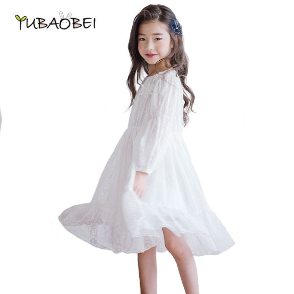 2020 Yeni Moda Büyük Kız Beyaz Dantel Elbise Çocuk Giyim Dans Parti Çocuk Elbise Sevimli Uzun Diz Genç Elbise Q0716