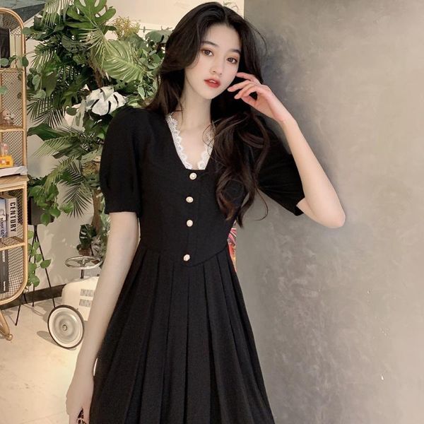 

casual dresses elegant lace v-neck black dress for women summer retro easy matching overknee mid-length fashionable skirt, Black;gray