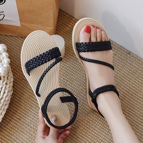 

sandals summer women weave faux flat heel ankle strap elastic band open toe pu leather outdoor slides ladies shoes female, Black