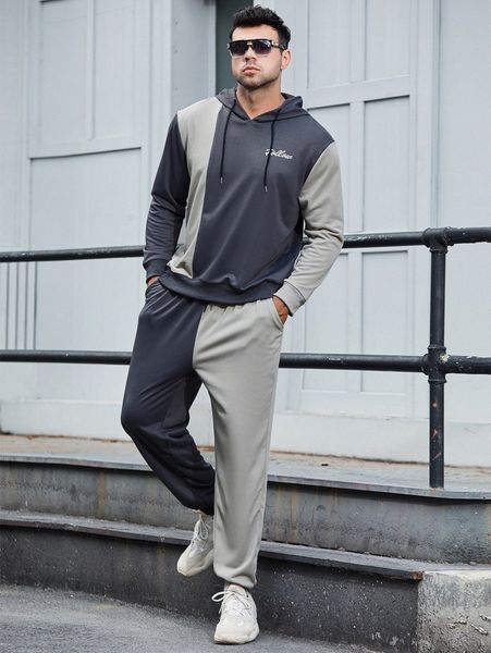 

men letter graphic color block drawstring hoodie & sweatpants u5zo#, Gray