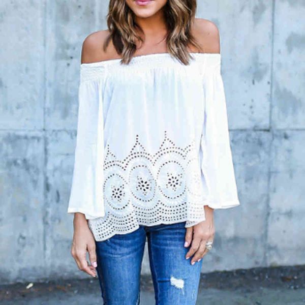 

2020 casual summer women white blouse shirt women slash neck hollow out chiffon blouse off shoulder female blusas xxl 50 x0521