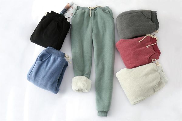 

winter lamb wool track solid women pant sherpa lined warm sweatpants athletic loose hip hop joggers drawstring, Black;white