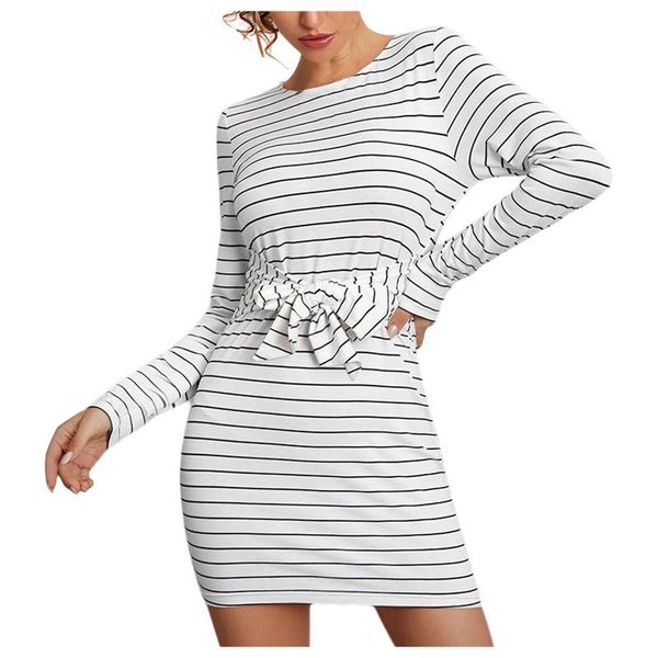 

fashion womens stripes round neck taping long sleeve comfy casual dress simple and elegant streetwear vestido dresses, Black;gray
