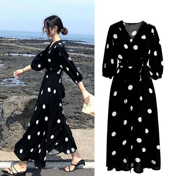 

casual dresses wanyucl chiffon dress 2021 spring women's french retro polka dot mid-length matching black v-neck short skirt women, Black;gray