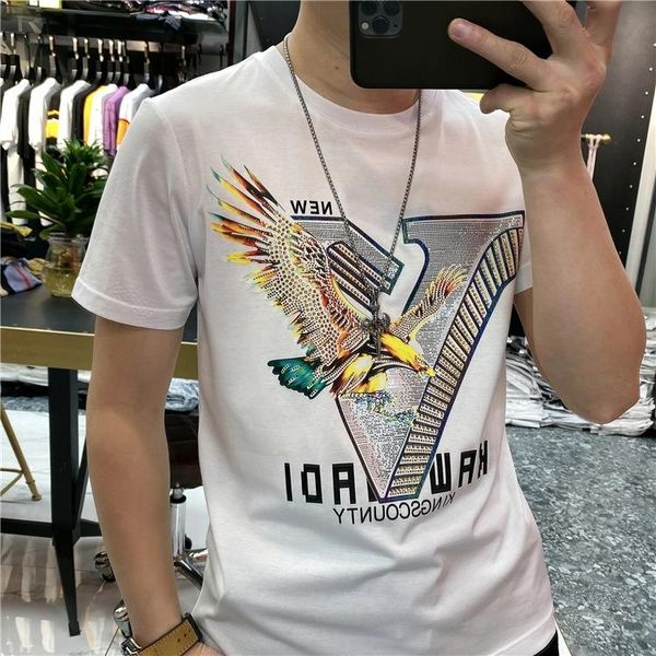 

men's t-shirts summer luxury diamond exquisite v word 3d eagle design o-neck t-shirt loose brand short sleeves, White;black