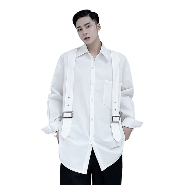 

men's casual shirts men white loose blouse simple fashion single breasted all match autumn black workwear long-sleeved shirt, White;black