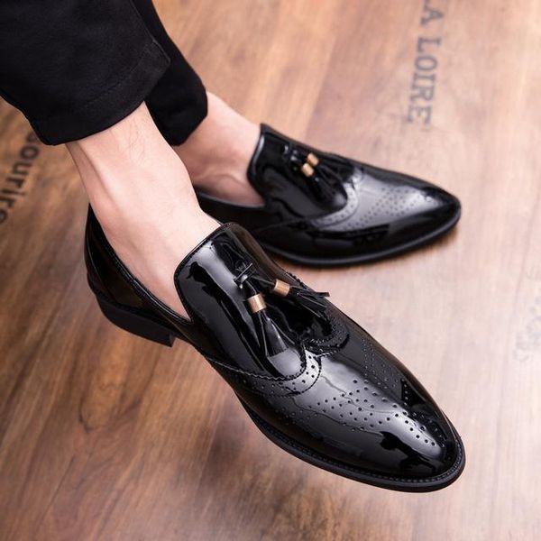 

men dress shoes shadow patent leather luxury fashion groom wedding party 2021 oxford big size golden, Black
