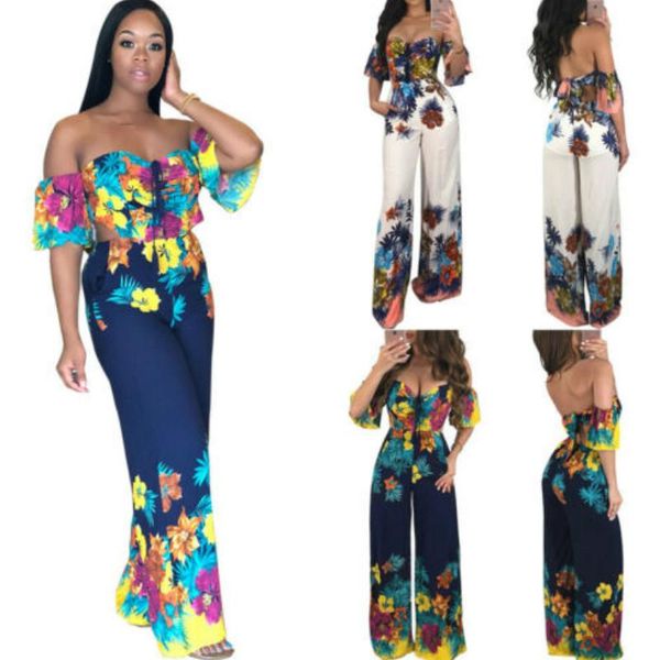 

women's jumpsuits & rompers womens fashion floral printed off shoulder loose clubwear summer playsuit party jumpsuit romper trousers, Black;white